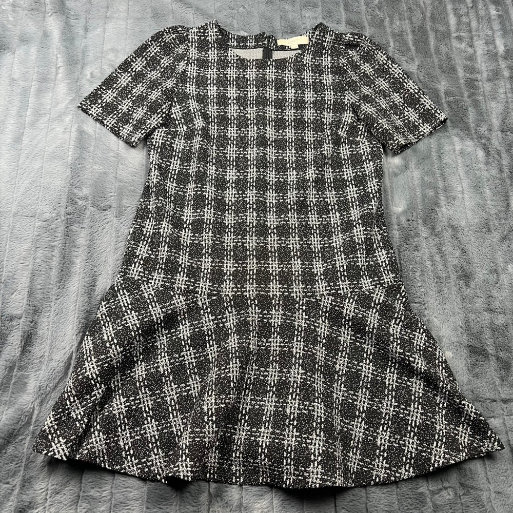 LOFT Womens Black White Plaid Drop Waist Ruffle Hem Short Sleeve Dress Small